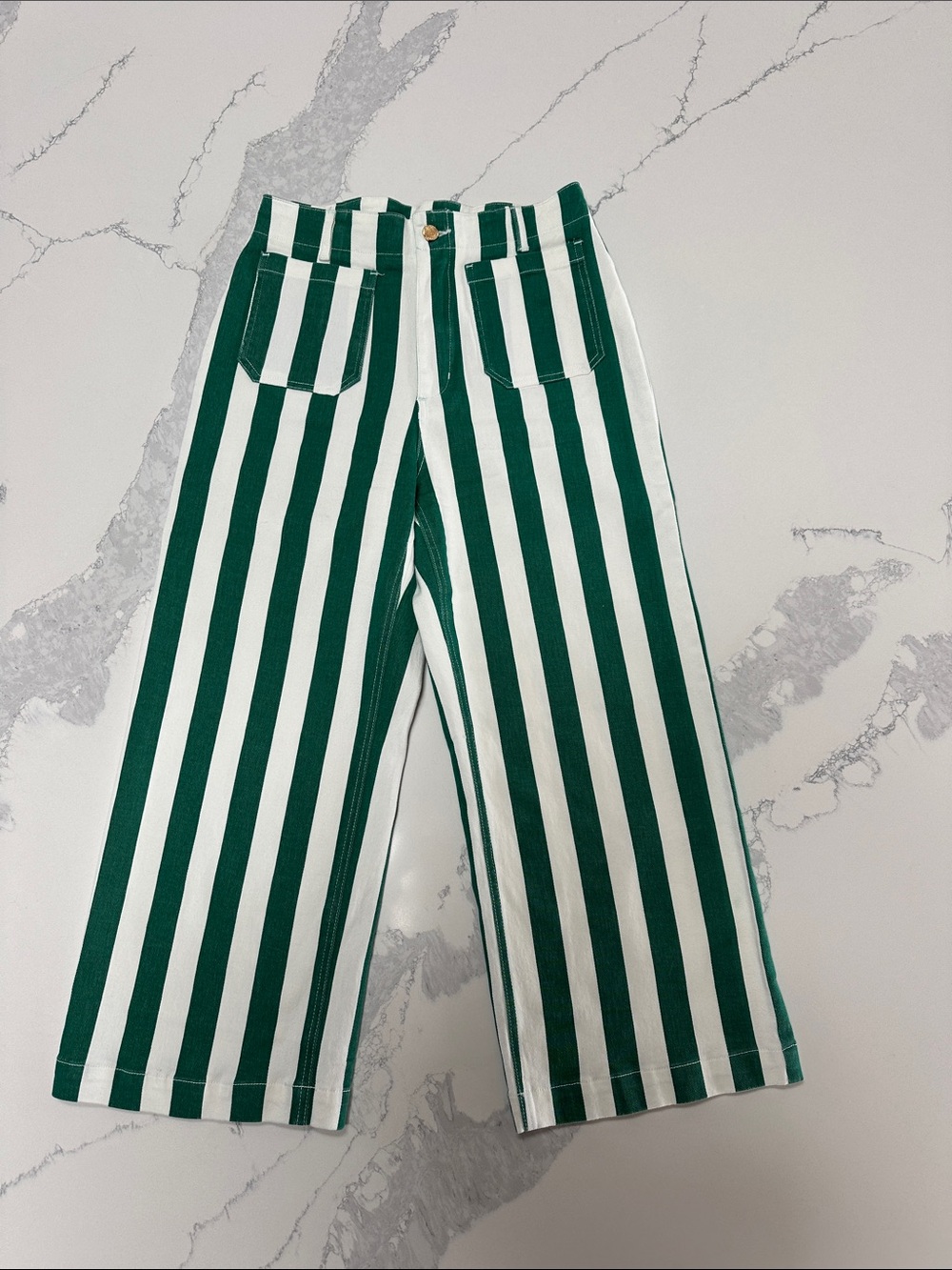 Green and White Striped Wide-Leg Pants